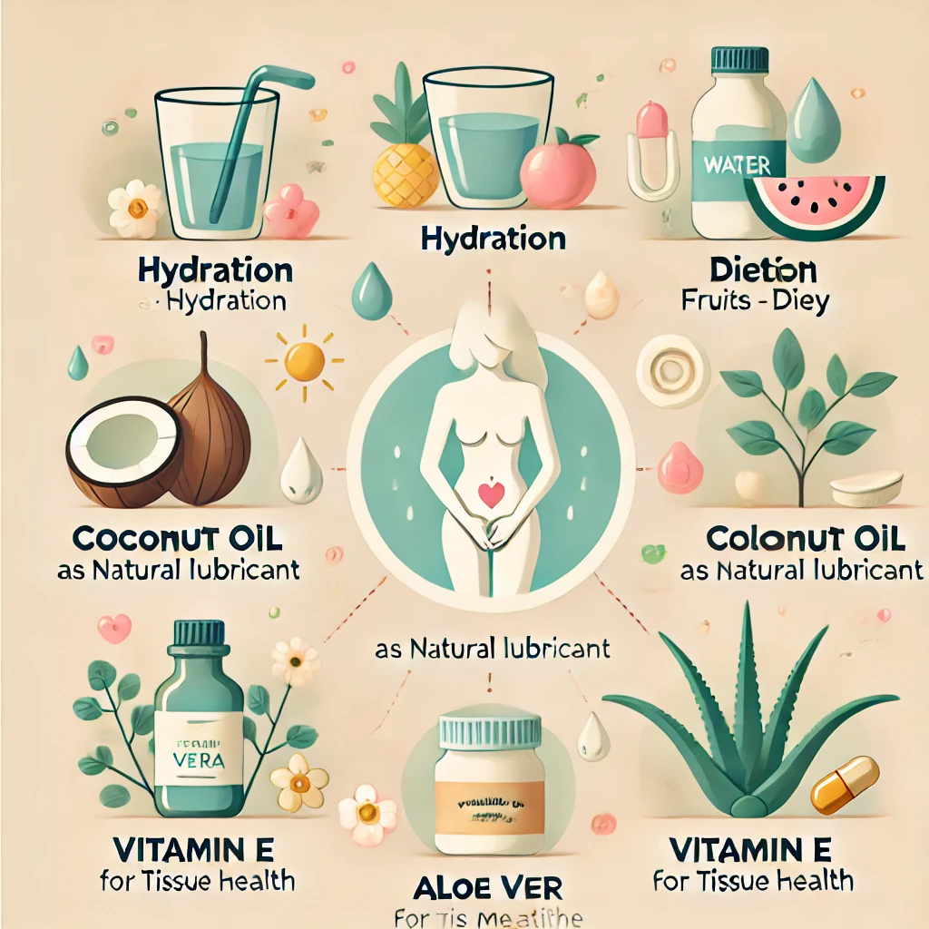 A calming and informative infographic showing natural remedies for vaginal dryness. The infographic should feature a soft pastel color palette, with i