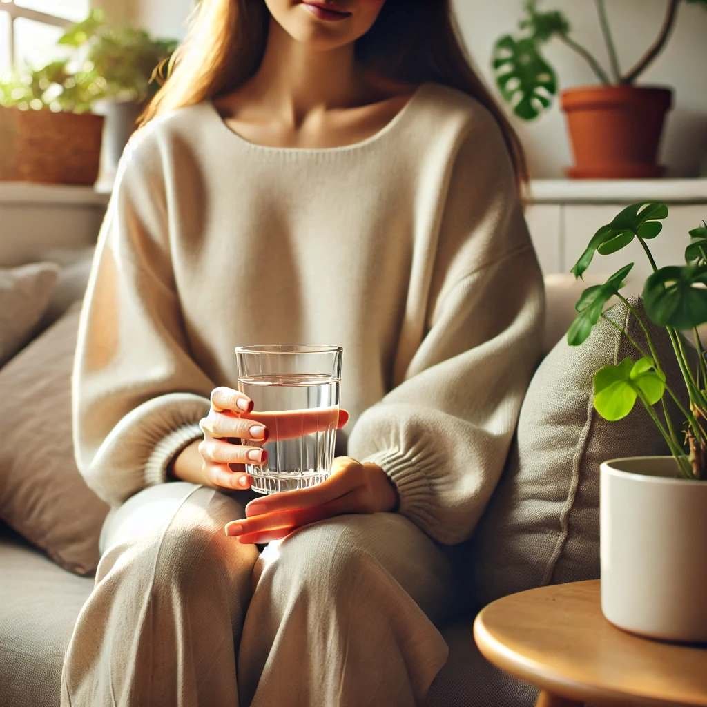A serene and calming image of a woman holding a glass of water in one hand while sitting comfortably in a cozy living room with houseplants, promoting