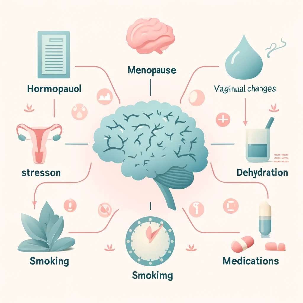 An educational infographic highlighting the causes of vaginal dryness. The design should use soft pastel tones and include icons representing various 